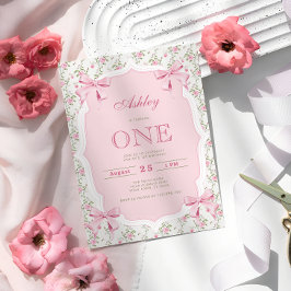 かわいいピンクのコケット弓1st誕生日 招待状