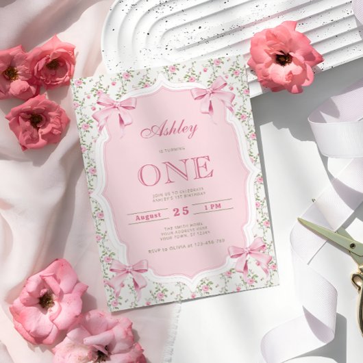 かわいいピンクのコケット弓1st誕生日 招待状