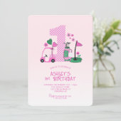 かわいいピンクのゴルフ1歳の誕生日招待状 招待状 (スタンド正面)