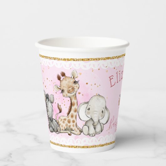 かわいいピンクのサファリ動物の赤ちゃんシャワー 紙コップ (正面)