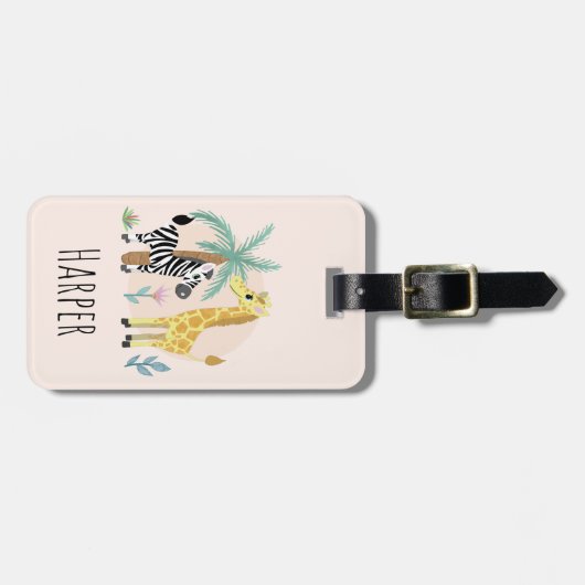 かわいいピンクのサファリ動物キリン・ゼブラの子供たち ラゲッジタグ (正面横)