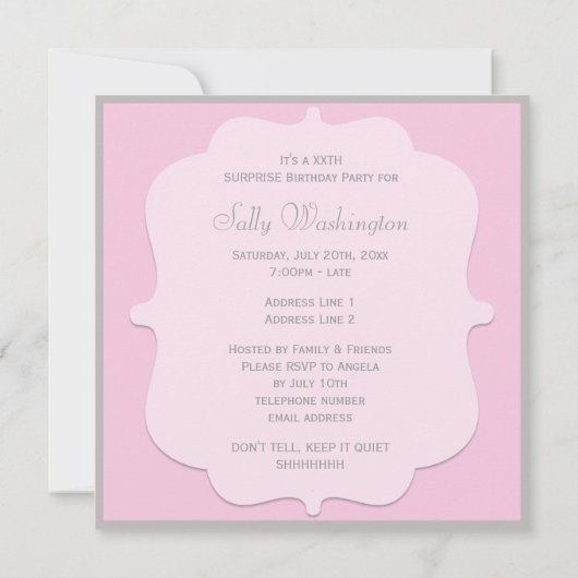 かわいいピンクのサプライズ誕生日パーティーで写真を追加 招待状 (裏面)