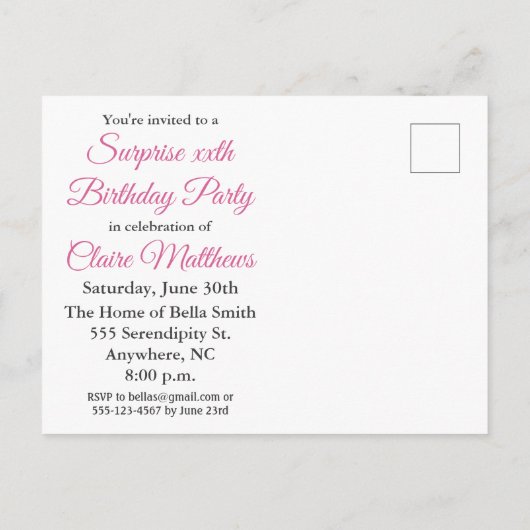 かわいいピンクのサプライズ誕生日パーティーのスピーチのバブル インビテーションポストカード