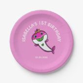 かわいいピンクのサメ赤ちゃん女の子1歳の誕生日 ペーパープレート (正面)