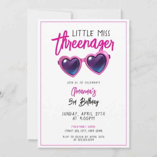 かわいいピンクのサングラス三歳の誕生日 招待状 (正面)