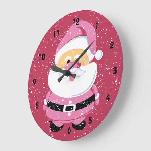 かわいいピンクのサンタクロースと雪のクリスマス ラージ壁時計 (傾斜)