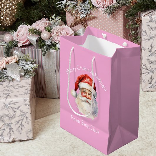 かわいいピンクのサンタクロース女パーソナライズされたの子のクリスマス ミディアムペーパーバッグ