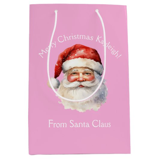 かわいいピンクのサンタクロース女パーソナライズされたの子のクリスマス ミディアムペーパーバッグ (正面)