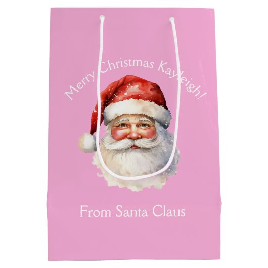 かわいいピンクのサンタクロース女パーソナライズされたの子のクリスマス ミディアムペーパーバッグ (裏面)