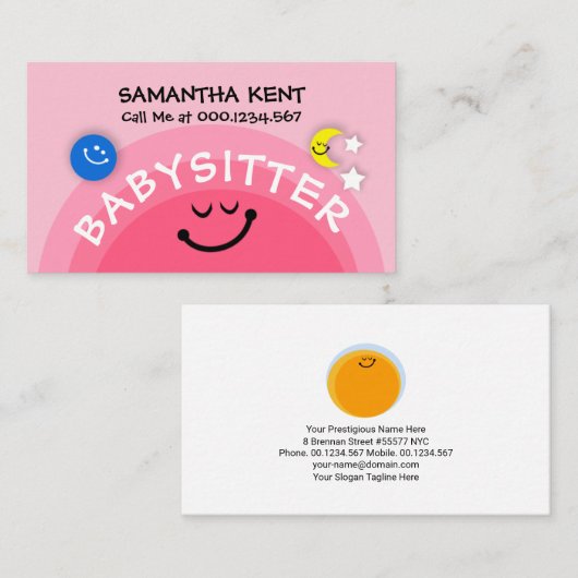 かわいいピンクのサンベイビーシッティング·アース·ムーン·ナニーサービス 名刺 (正面/裏面)