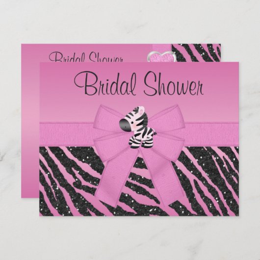 かわいいピンクのシマウマ及び印刷された弓ブライダルシャワー 招待状 (正面/裏面)