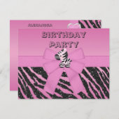 かわいいピンクのシマウマ及び印刷された弓誕生会 招待状 (正面/裏面)