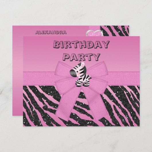 かわいいピンクのシマウマ及び印刷された弓誕生会 招待状 (正面/裏面)