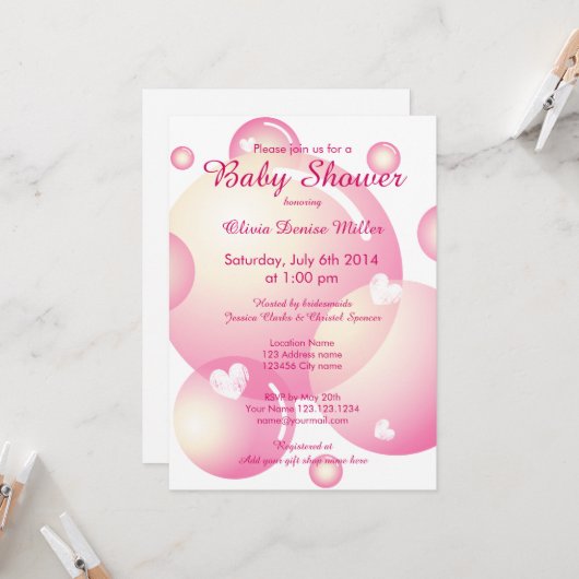 かわいいピンクのシャボン玉ガールズベビーシャワーパーティー 招待状 (正面/裏面インサイチュ)