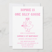 かわいいピンクのシリーガチョウ 1歳の誕生日 招待状 (正面)