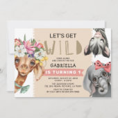 かわいいピンクのジャングルを手に入れよう1回目の誕生日パーティー 招待状 (正面)
