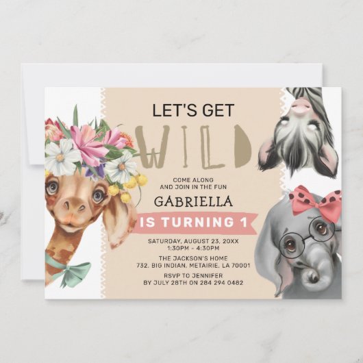 かわいいピンクのジャングルを手に入れよう1回目の誕生日パーティー 招待状 (正面)
