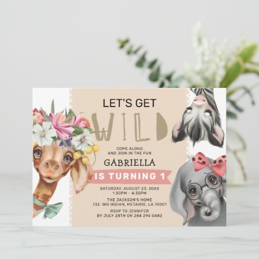 かわいいピンクのジャングルを手に入れよう1回目の誕生日パーティー 招待状 (スタンド正面)