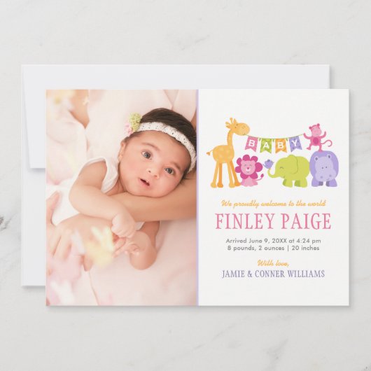 かわいいピンクのジャングル動物ベビーガール写真誕生 案内状 (正面)