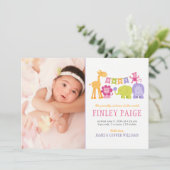 かわいいピンクのジャングル動物ベビーガール写真誕生 案内状 (スタンド正面)