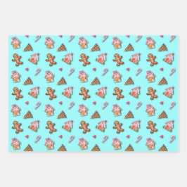 かわいいピンクのジンジャーブレッドマンクッキー，家 ラッピングペーパーシート