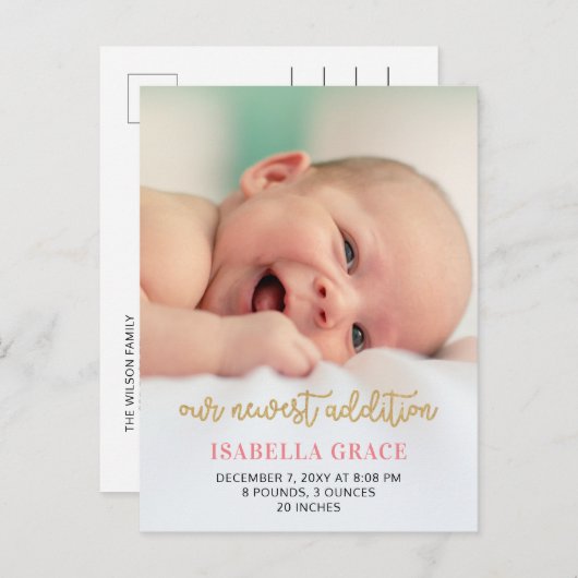 かわいいピンクのスクリプトフォトベビーの発表 案内ポストカード (正面/裏面)