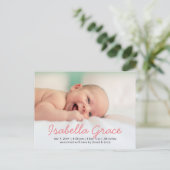 かわいいピンクのスクリプトフォトベビーの発表 案内ポストカード (スタンド正面)