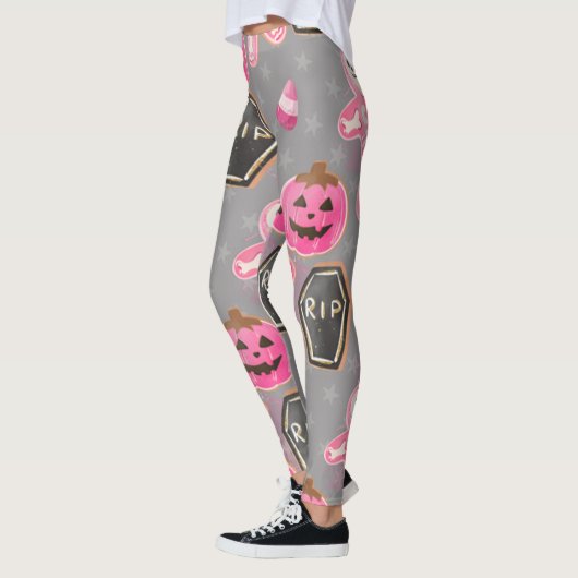 かわいいピンクのスケルトンとキャンディのハロウィンレギンス レギンス (左)