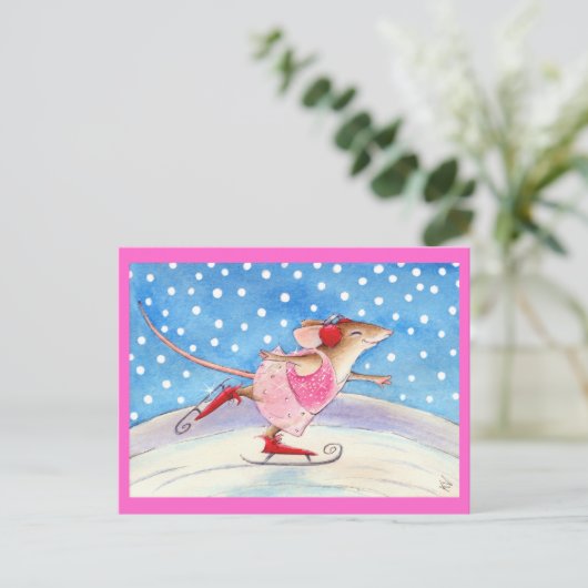 かわいいピンクのスケートで滑るマウス ポストカード (スタンド正面)