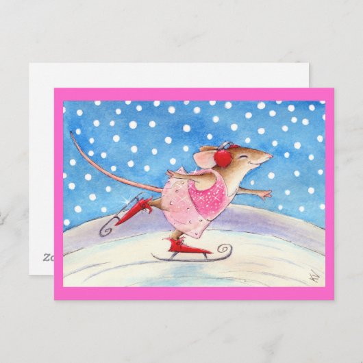 かわいいピンクのスケートで滑るマウス ポストカード (正面/裏面)