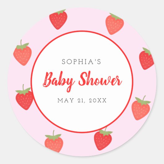 かわいいピンクのストロベリーガール赤ちゃんシャワーのお願い ラウンドシール (正面)