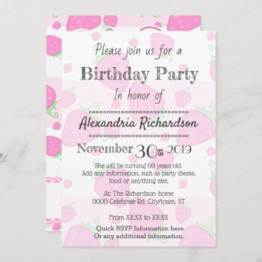 かわいいピンクのストロベリーパンダ 招待状 (正面/裏面)