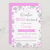 かわいいピンクのスノーフレーク冬の誕生日パーティー 招待状 (正面/裏面)