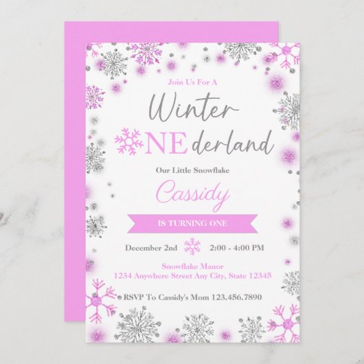 かわいいピンクのスノーフレーク冬の誕生日パーティー 招待状 (正面/裏面)