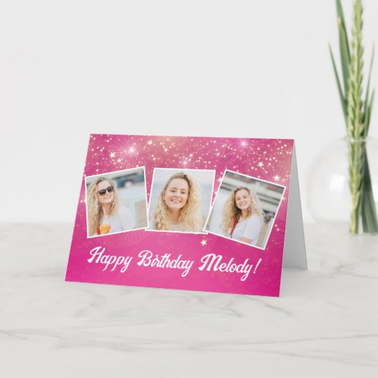 かわいいピンクのスパークルフォトコラージュカスタム誕生日 カード (正面)