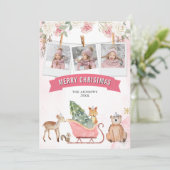 かわいいピンクのスレイジ - ウッドランド動物の写真クリスマス シーズンカード (スタンド正面)