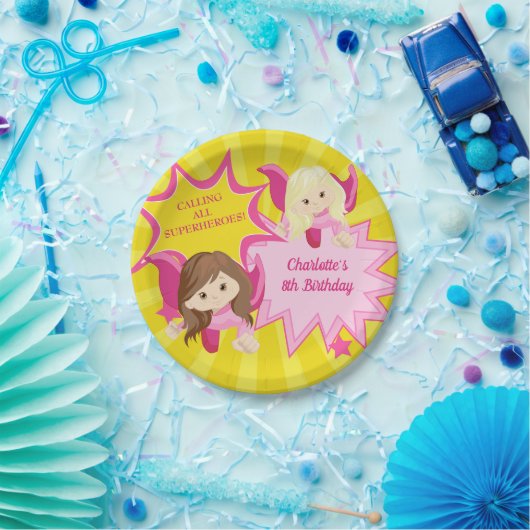 かわいいピンクのスーパーヒーローガールバースデーパーティー ペーパープレート (パーティー)