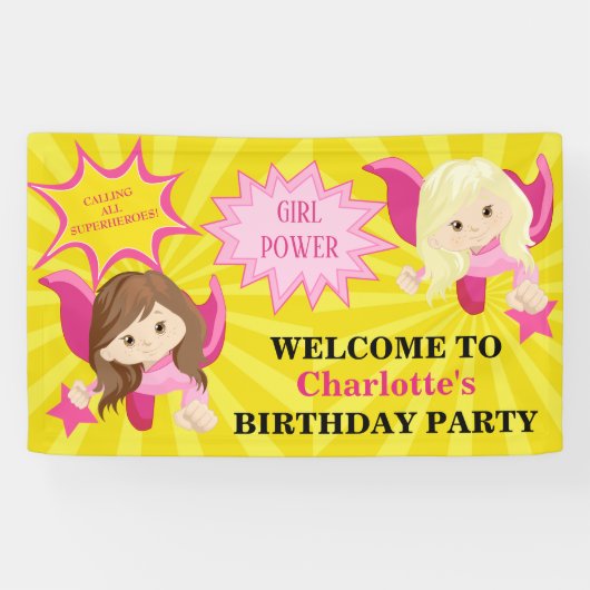 かわいいピンクのスーパーヒーローガールバースデーパーティー 横断幕 (横)