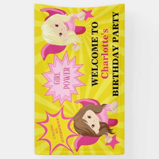 かわいいピンクのスーパーヒーローガールバースデーパーティー 横断幕 (縦)