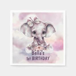 かわいいピンクのゾウの女の子 1歳の誕生日パーティー スタンダードカクテルナプキン
