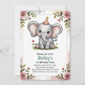 かわいいピンクのゾウの子供の誕生日パーティー 招待状 (正面)