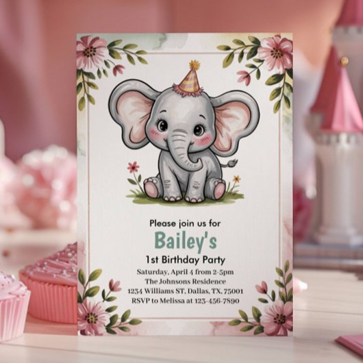 かわいいピンクのゾウの子供の誕生日パーティー 招待状