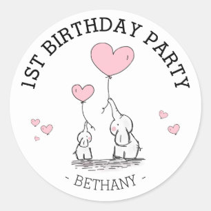 かわいいピンクのゾウ&ハート 女の子の最初の誕生日 ラウンドシール