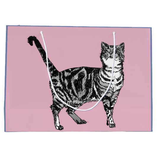 かわいいピンクのタビーキャットアート抱き枕 ラージペーパーバッグ (裏面)