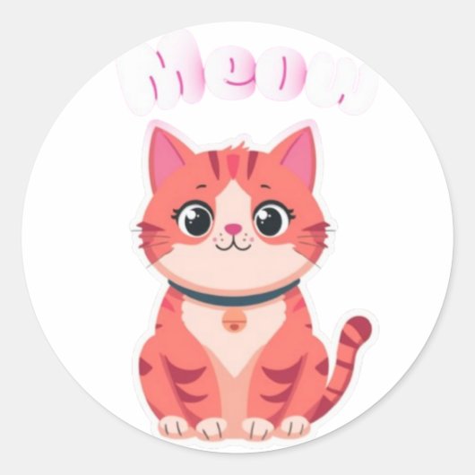 かわいいピンクのタビー猫 "Meow" イラスト ラウンドシール (正面)