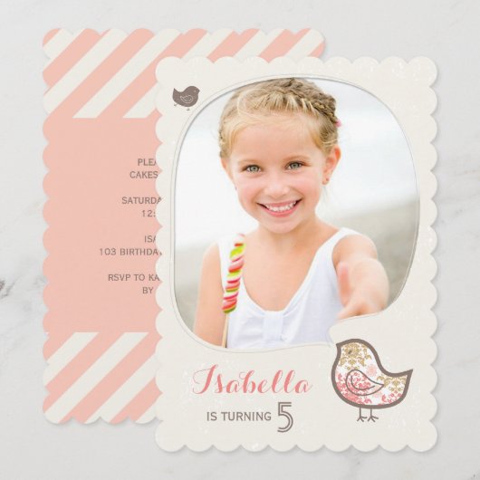 かわいいピンクのダマスク鳥の写真の女の子の誕生日招待状 招待状 (正面/裏面)