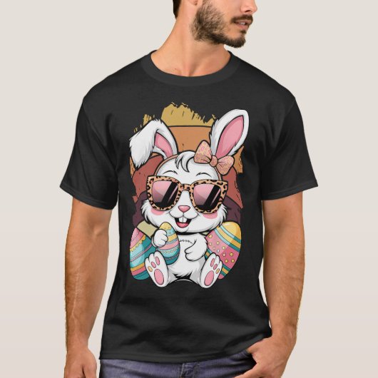 かわいいピンクのチェック柄イースターウサギの顔 ウサギ Tシャツ (正面)