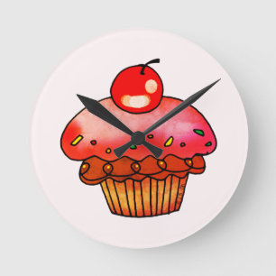 かわいいピンクのチェリーカップケーキイラストデザートアート ラウンド壁時計