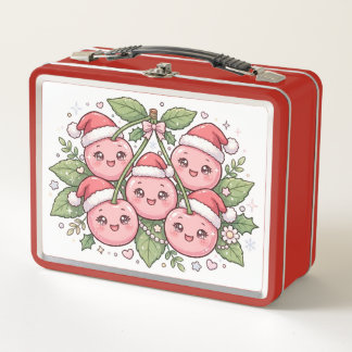 かわいいピンクのチェリーサンタハットクリスマスランチボックス メタルランチボックス