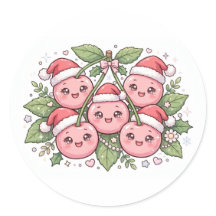 かわいいピンクのチェリーサンタ帽子のクリスマスステッカー